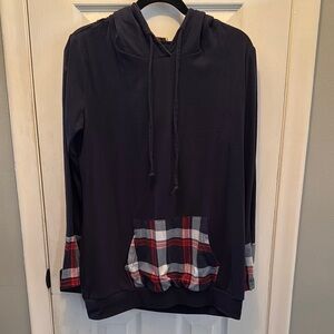 Blue Hoodie with Plaid Pocket and Sleeves